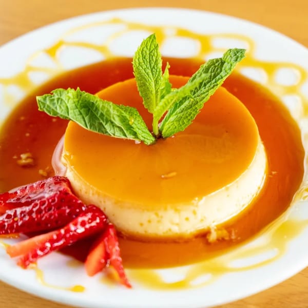 Brazilian flan dessert with caramel sauce, fresh mint, and sliced strawberries on a white plate.
